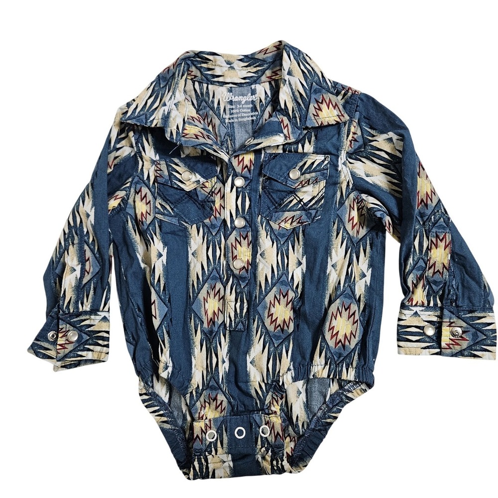 Wrangler Bodysuit Kids 3-6M Blue Southwestern Pearl‎ Snap Western Romper Shirt